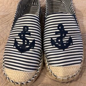 Crown & Ivy Nautical Striped Slip-On Espadrilles in Navy and White